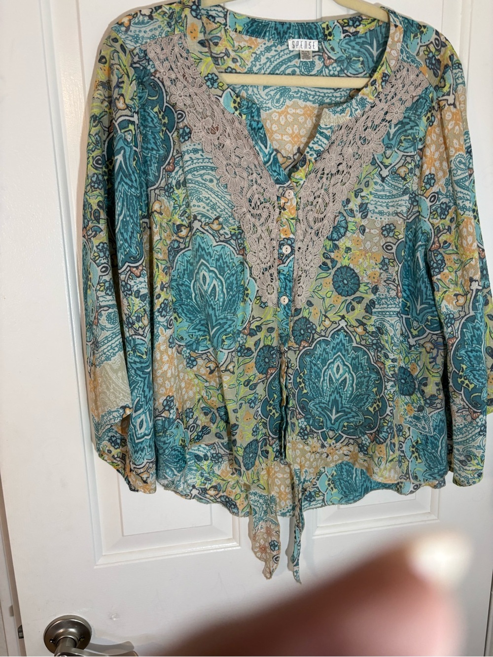 Spense Teal Paisley Button-Front with Lace Trim